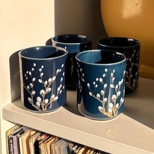 Vintage Set of 4 • Cherry Blossom Budding Tree with Gold Mini Tea Cups in Blue